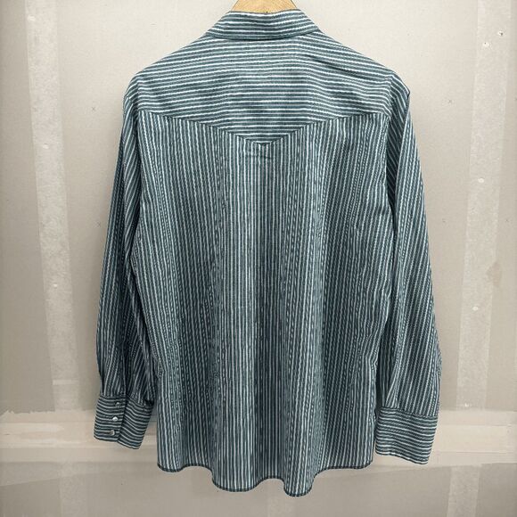 Vintage Rustler Shirt Mens L Green White Striped Western Pearl Snap X-Long Tails - Picture 3 of 4